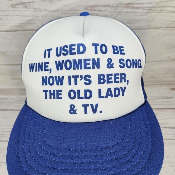 Vintage Funny Trucker Hat Wine Women Song Beer Old Lady T.V. Blue White Snapback - Picture 1 of 7